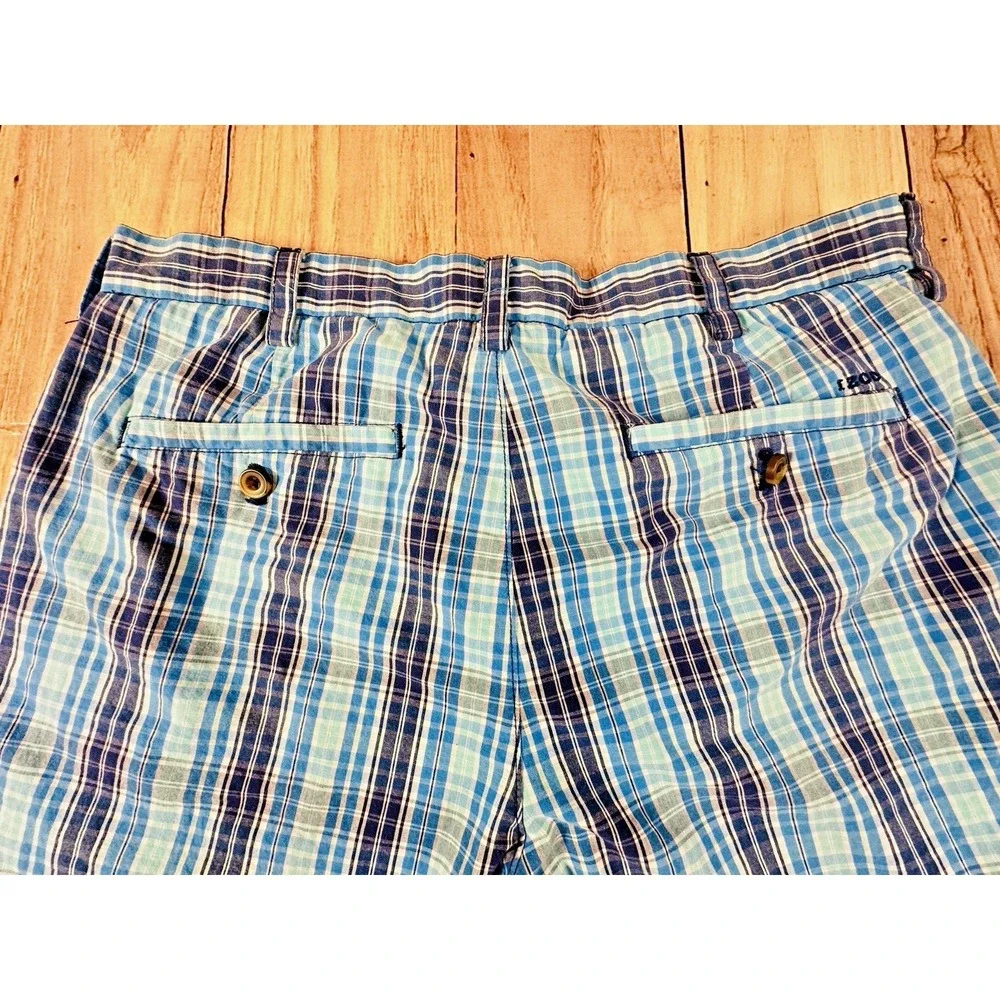 Izod Chino Shorts Men Size 34 x 10 Blue Plaid Cotton Logo Pockets Golf